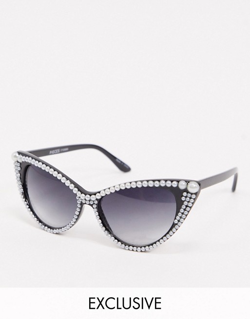 Pieces cat eye sunglasses with pearl embellishment in black