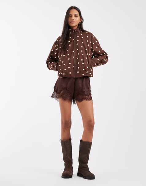 Pieces - cazadora bomber con cuello alzado y estampado de lunares marrón - view 1