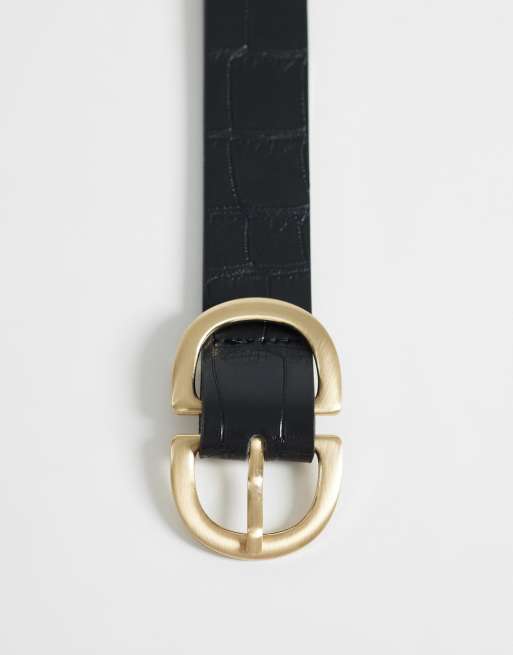 Pieces - Ceinture effet croco à double boucle dorée - Noir, 2 de 3