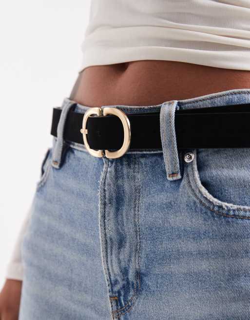 Pieces - Ceinture en daim à boucle double dorée - Noir, 2 de 3