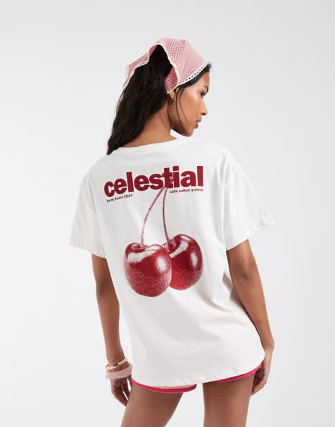 Pieces – Celestial – Vit t-shirt i oversize med körsbärstryck - view 1