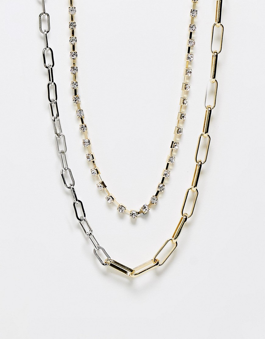 Pieces chain & diamante necklace in gold & silver