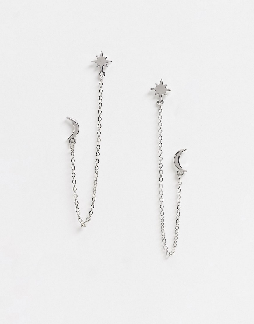 Pieces chain earrings with star and moon studs in silver