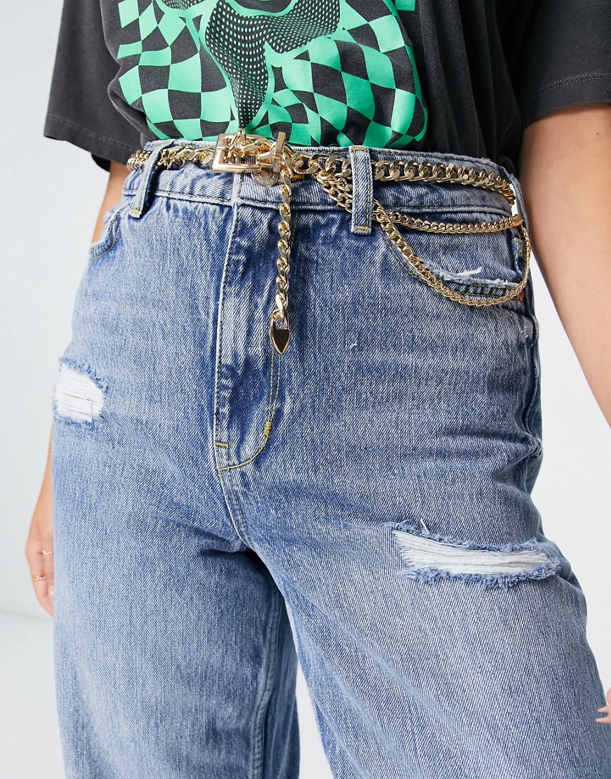 Pieces chain layered waist belt with buckle in gold