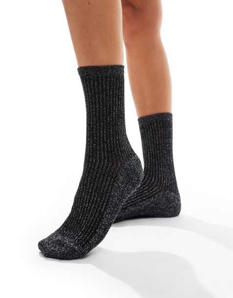 Pieces - Chaussettes à rayures pailletées - Noir - view 1