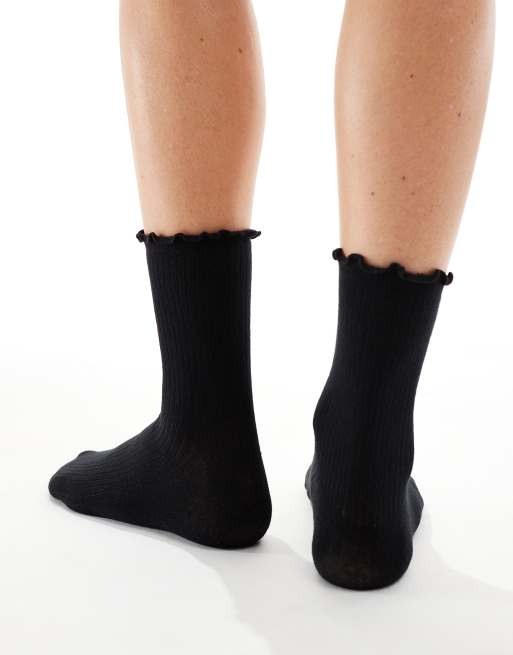 Pieces - Chaussettes côtelées avec bord volanté - Noir, 3 de 3