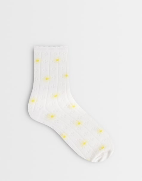 Pieces - Chaussettes en maille pointelle à imprimé marguerites - Blanc - view 1