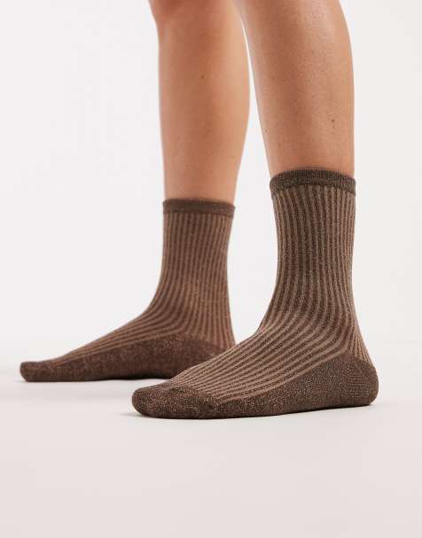 Pieces - Chaussettes pailletées à rayures - Marron et beige - view 1