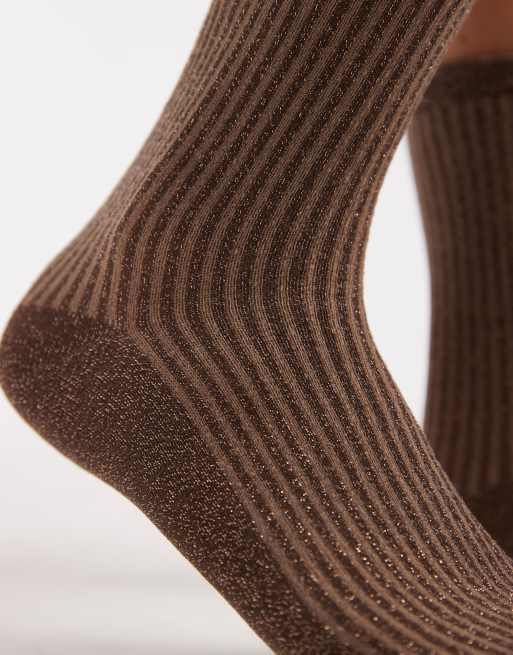 Pieces - Chaussettes pailletées à rayures - Marron et beige, 2 de 3