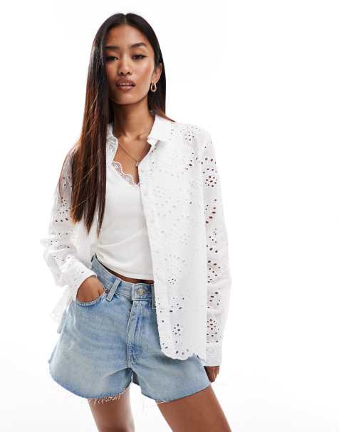 Pieces - Chemise en broderie anglaise avec bords festonnés - Blanc - view 1