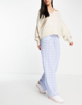 Pieces cherry high waist pants in bright white / kentucky blue
