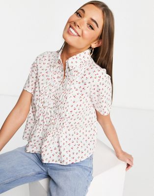 Pieces cherry print cropped blouse in white