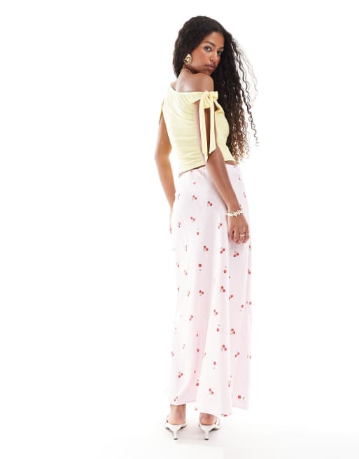 Pieces cherry print maxi skirt in light pink