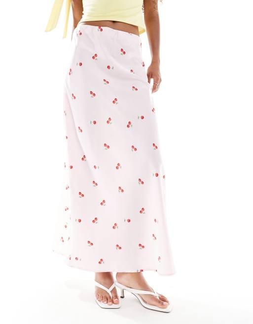 Pieces cherry print maxi skirt in light pink