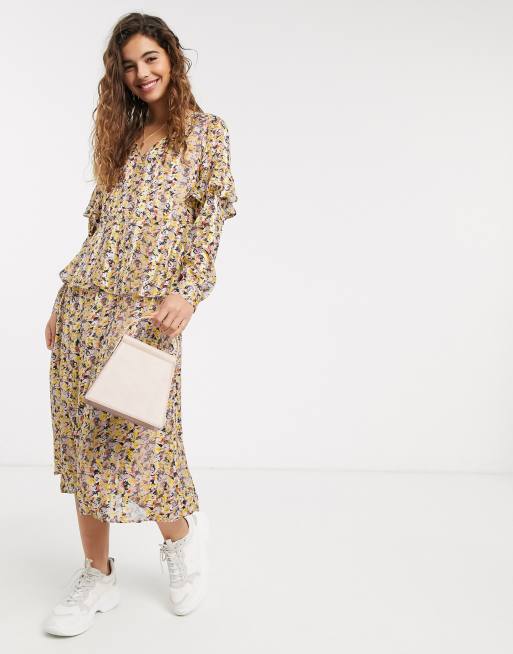 Download Pieces Chiffon Midi Dress With Ruffle Trims In Cream Floral Asos