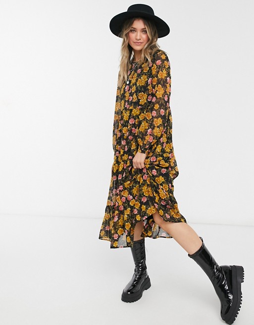 Pieces chiffon midi smock dress in black and mustard floral
