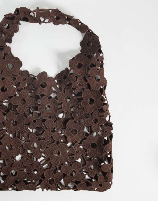 PIECES - Chokoladebrun poset taske med blomsterblonder, 4 af 4