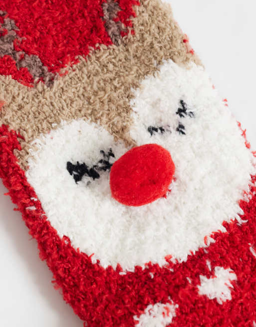 Pieces Christmas 2 pack fluffy reindeer and snowflake socks in red, 2 of 3