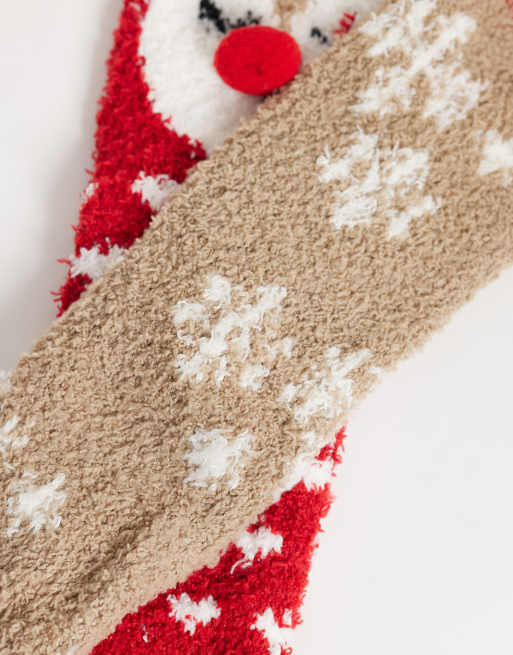 Pieces Christmas 2 pack fluffy reindeer and snowflake socks in red, 3 of 3