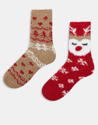 Pieces Christmas 2 Pack Fluffy Reindeer Socks In Neutral