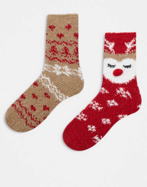 Pieces Christmas 2 pack fluffy reindeer socks in beige - view 1