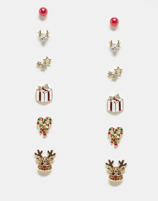 Pieces Christmas 6 pack reindeer stud earrings in multi-Gold