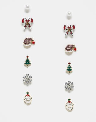 Pieces Christmas 6 pack santa stud earrings in multi-Gold