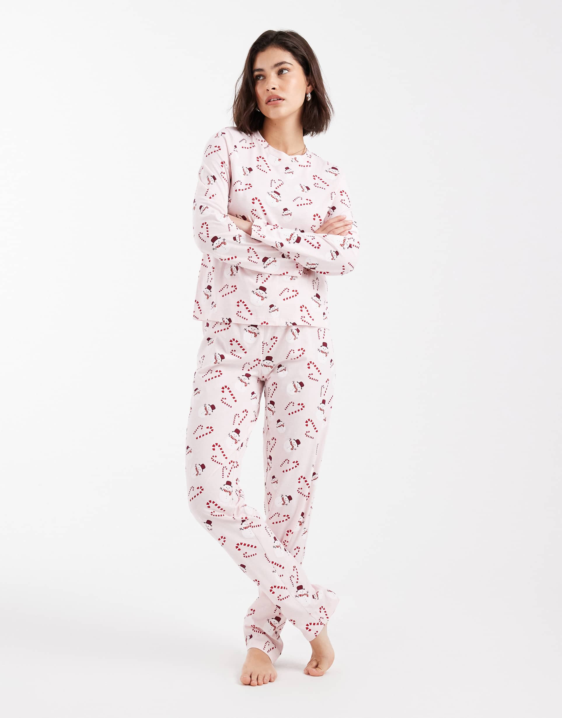 pieces christmas long sleeve pajama set in pink snowman print