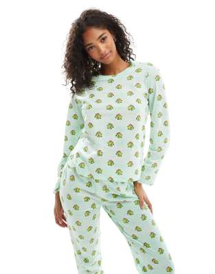 Pieces Christmas long sleeve pyjama set in green santa hat wearing fish print