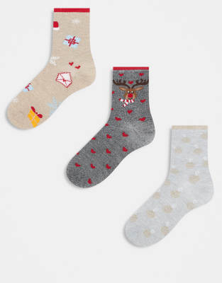 Pieces - Christmas - Lot de 3 paires de chaussettes à paillettes - Gris clair chiné