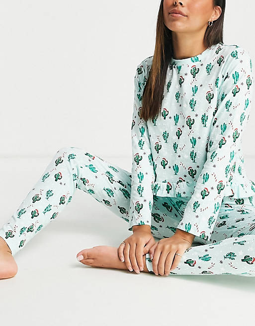 Lingerie & Nightwear Pieces Christmas pyjama set in green cactus print 