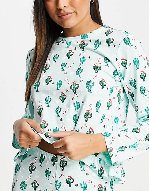 Lingerie & Nightwear Pieces Christmas pyjama set in green cactus print 