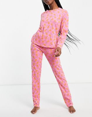 Pieces Christmas pyjamas trouser set in pink gingerbread print