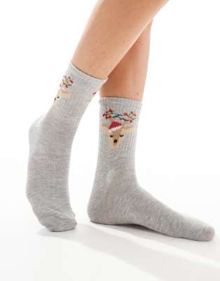 Pieces Christmas reindeer socks in a sack in grey