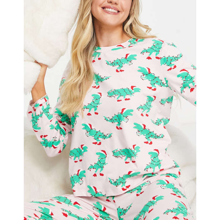 Pieces Christmas top legging pyjama set in green dinosaur print