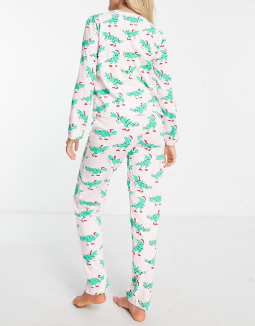 Pieces Christmas top legging pyjama set in green dinosaur print