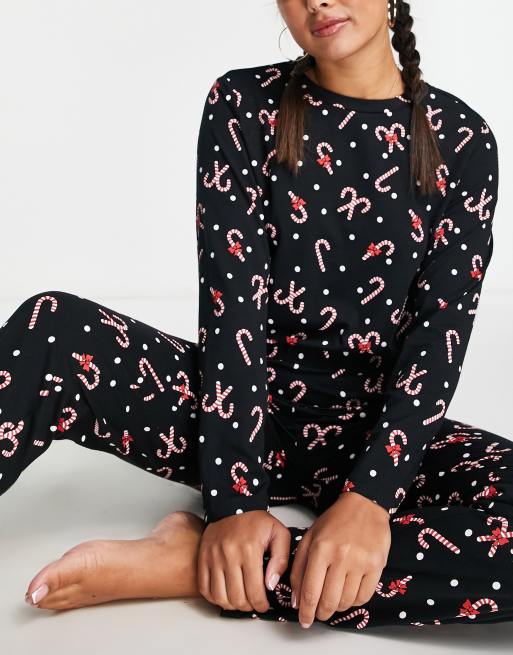 PIECES Black Long Sleeve Pyjama Set with Candy Cane Print