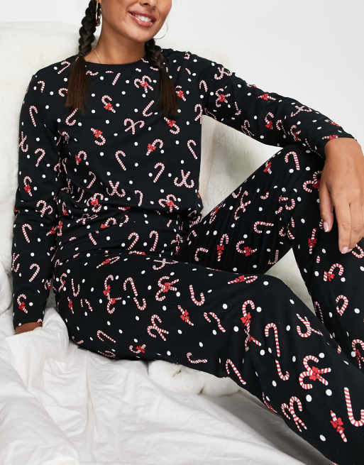 Pieces Christmas top leggings pyjama set in navy candy cane print