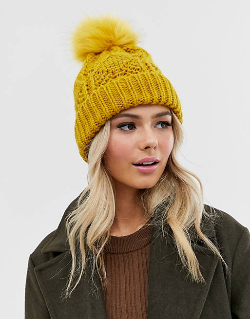 Pieces chunky cable knitted beanie hat in mustard