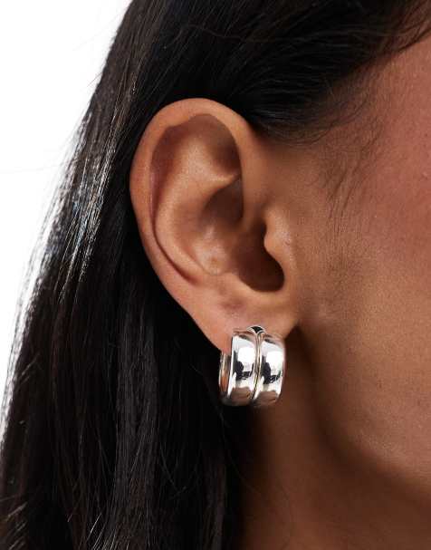 Pieces chunky double hoop earrings in silver - view 1