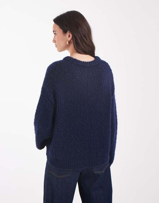 Pieces chunky gebreide trui in donkerblauw gemêleerd, 4 van 4