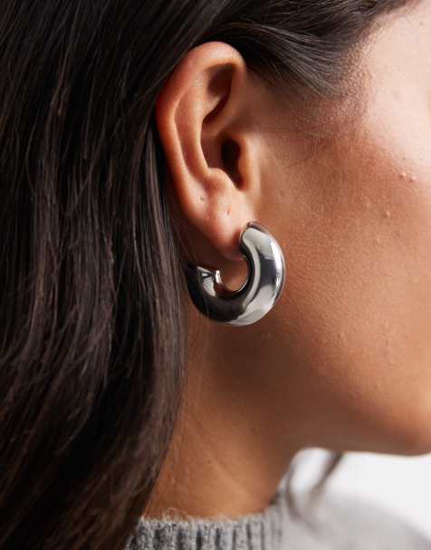 Pieces chunky hoop earrings in silver tone - view 1