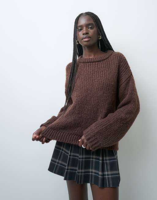 PIECES chunky knit sweater in chocolate brown melange , 2 of 4