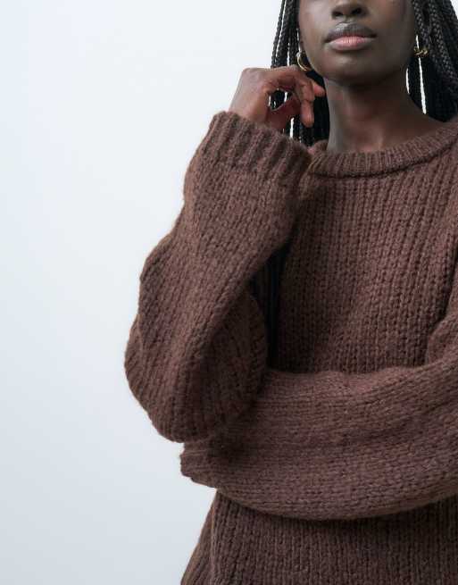 PIECES chunky knit sweater in chocolate brown melange , 3 of 4