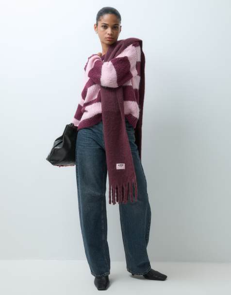 Pieces chunky knitted jumper in burgundy and pink stripe - view 1