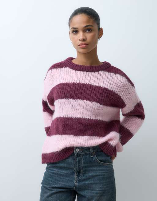 Pieces chunky knitted jumper in burgundy and pink stripe, 2 of 5