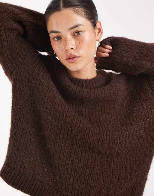 Pieces chunky knitted jumper in chocolate brown melange , 2 of 4