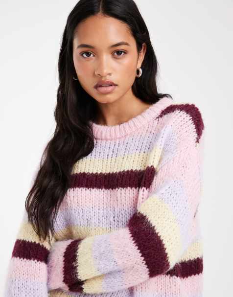 Pieces chunky knitted jumper in pink and burgundy stripe - view 1