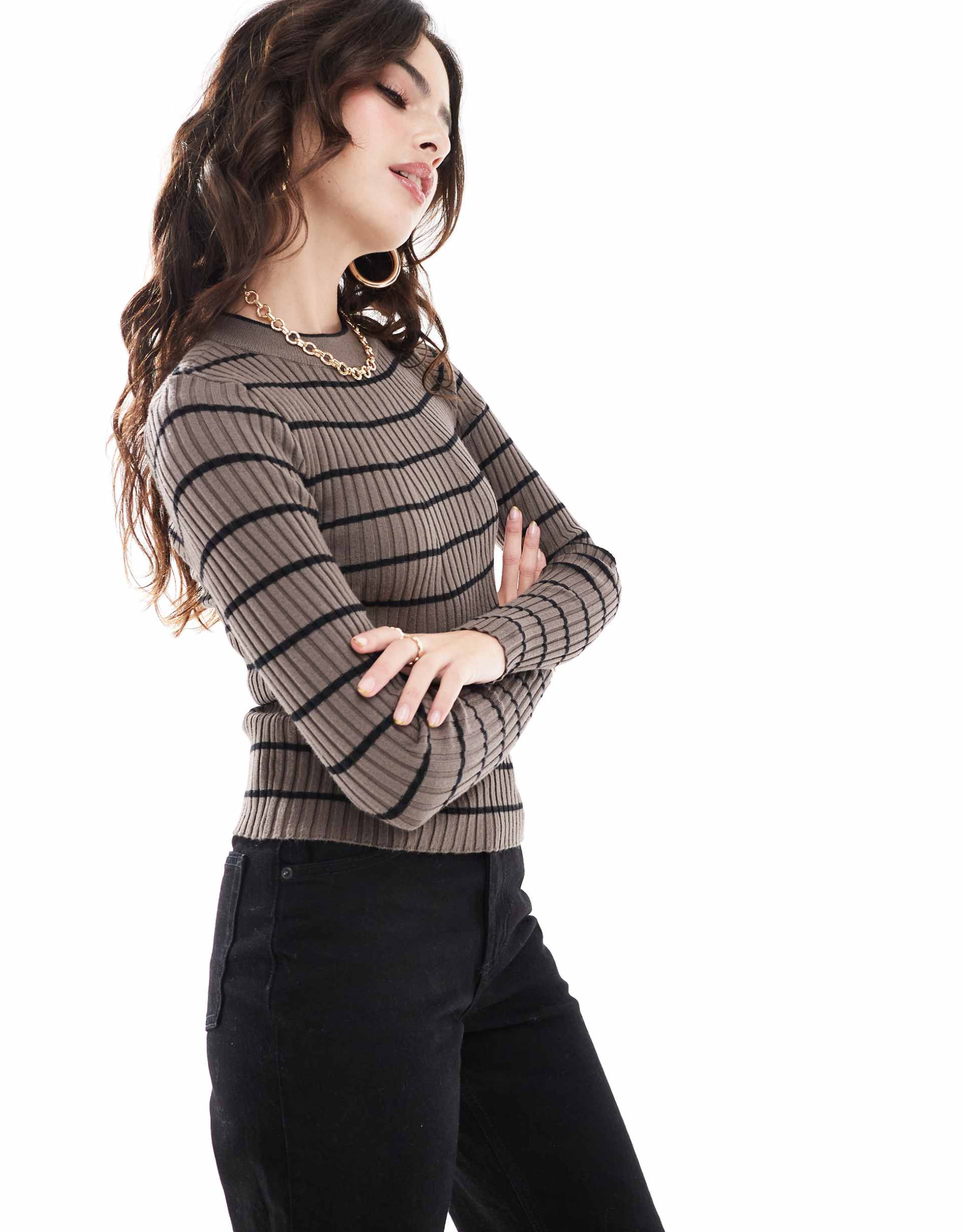 pieces chunky rib knit long sleeve top in brown stripe