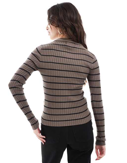 Women's Long Sleeve Crew Neck Pullover Top - Button Down Striped Color Block Blouse (Brown, Small)